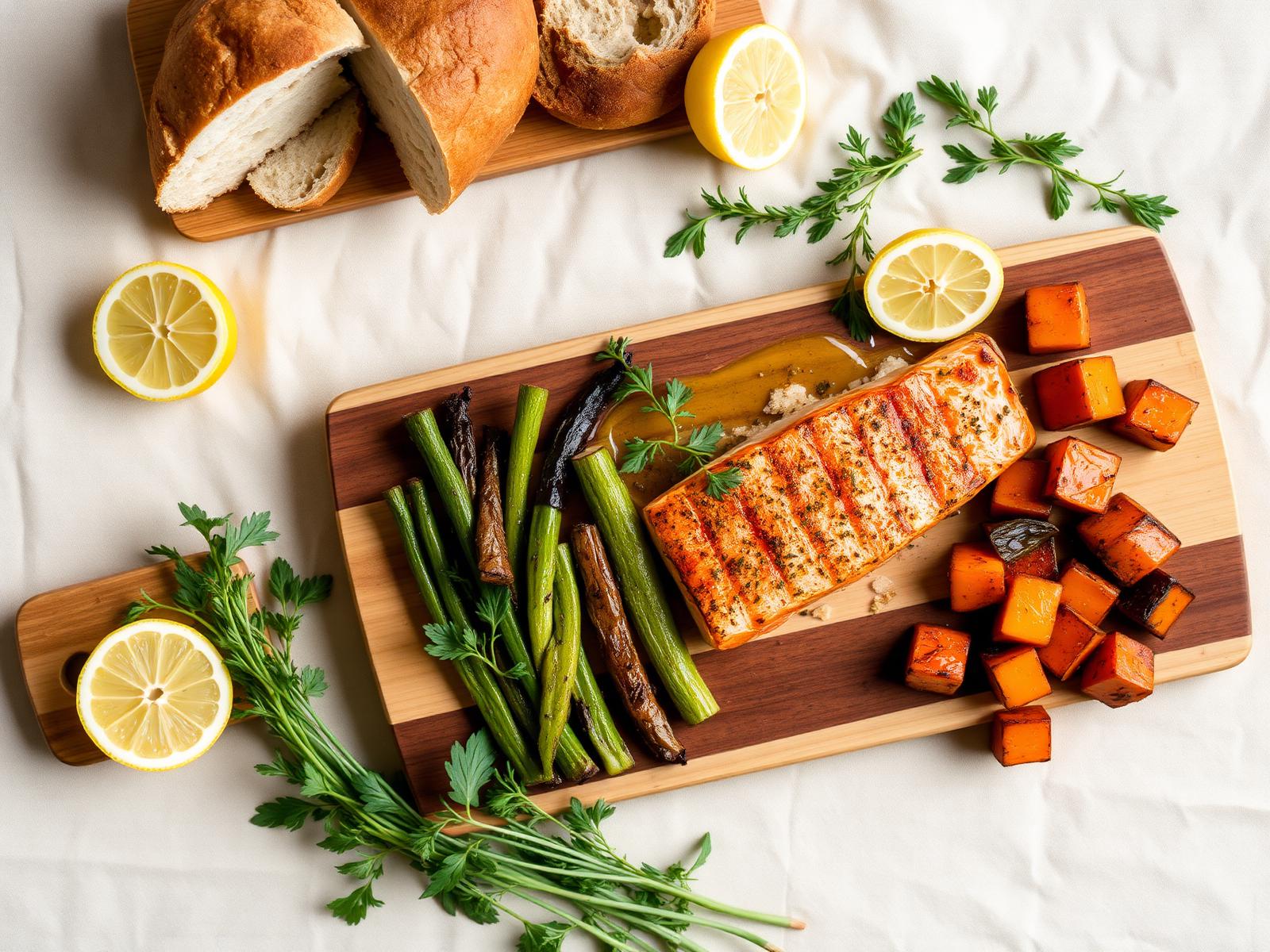 A beautifully styled Mediterranean meal of grilled salmon and roasted vegetables